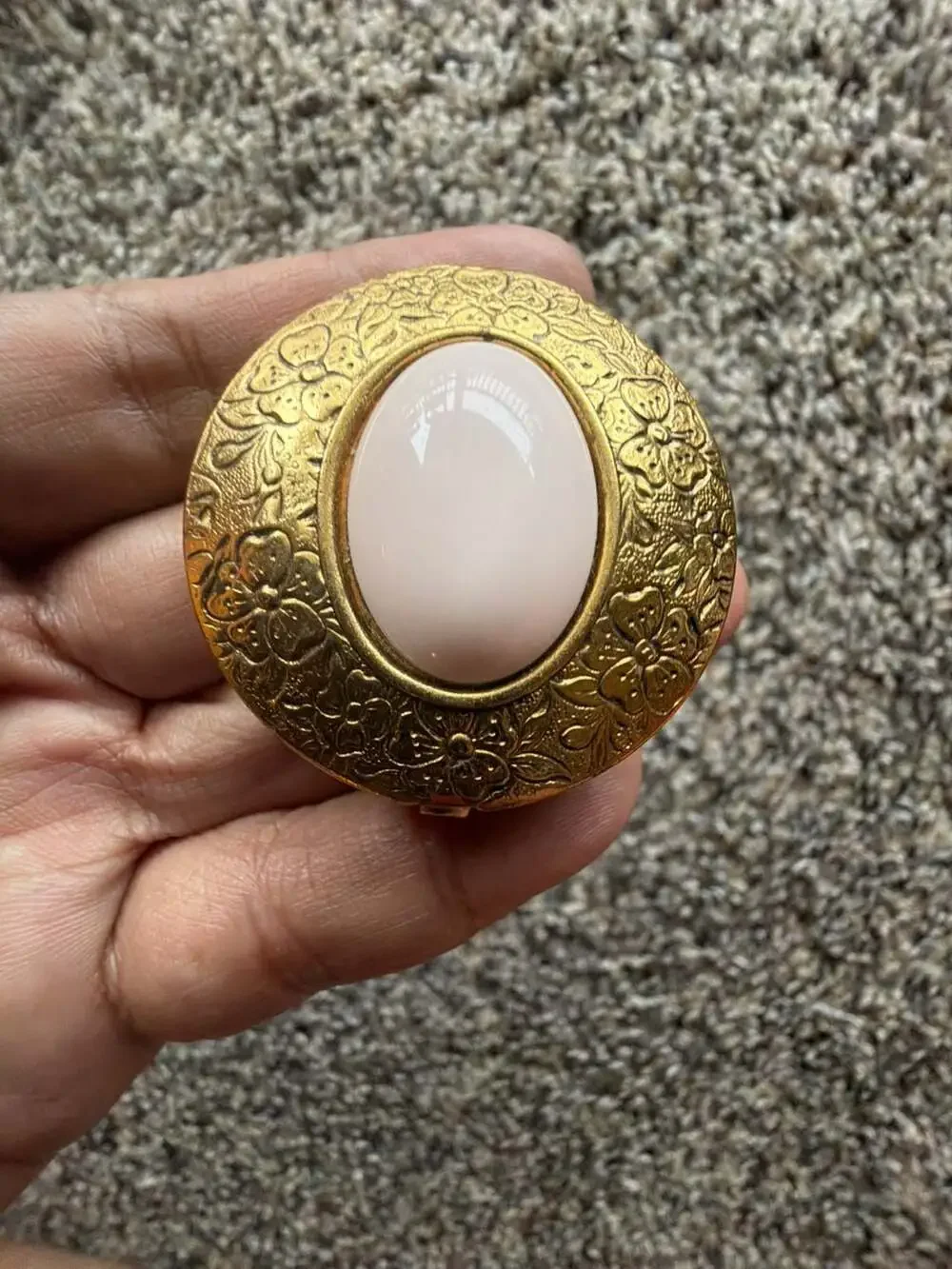 Vintage Gold Tone Floral Embossed Pill Box with Pink Cabochon